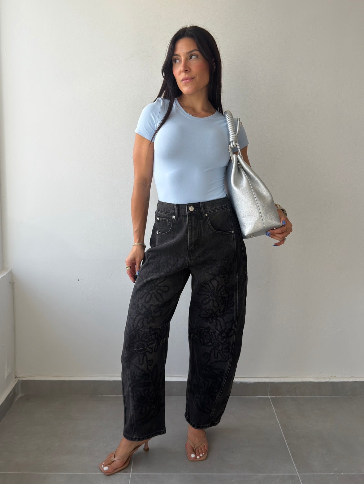 Black Embroidered Barrel Jean