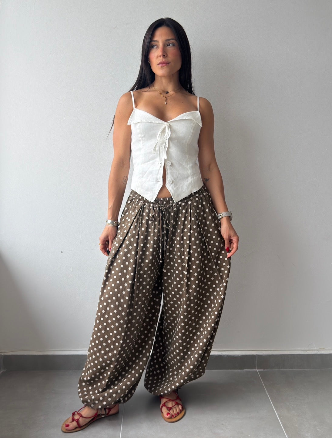 Polka Brown Balloon Pants