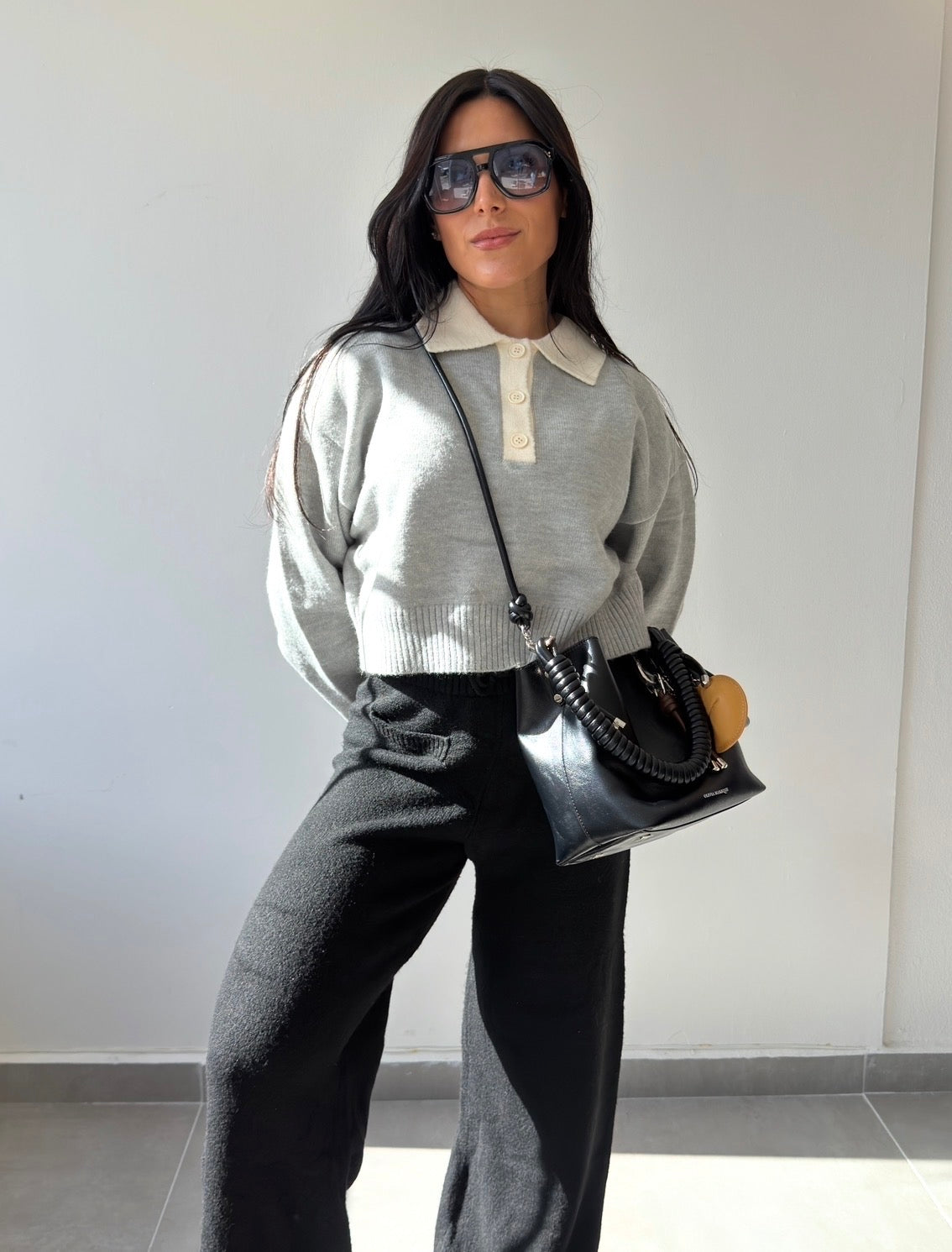 Grey Contrast Collar Sweater Top
